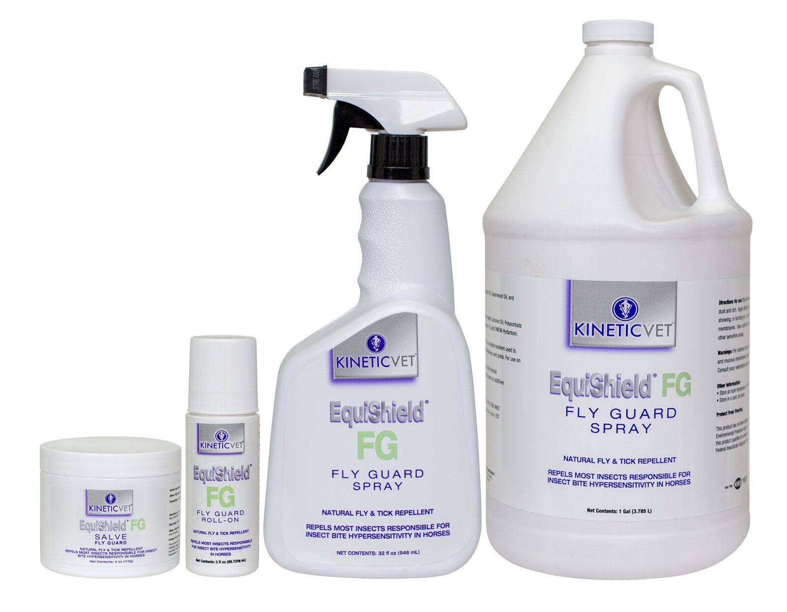 KineticVet EquiShield Fly Guard Spray 3oz Roll-On, 4oz Salve, 32 oz Spray, 1 Gallon Equine KineticVet EquiShield Fly Guard Spray 3oz Roll-On, 4oz Salve, 32 oz Spray, 1 Gallon