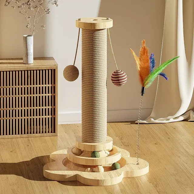 TD Two Layer Cat Scratching Post with Feather Balls Cat TD Two Layer Cat Scratching Post with Feather Balls - Image 3