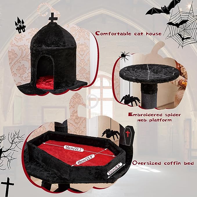 TD Gothic Halloween Cat Tree Condo with Coffin Bed Black Cat TD Gothic Halloween Cat Tree Condo with Coffin Bed Black - Image 3